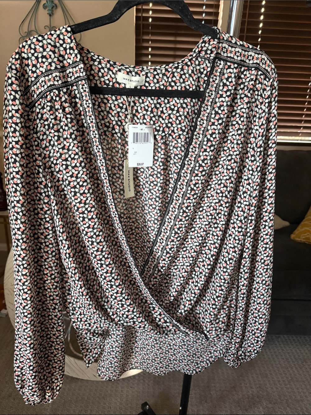 A31 Max Studio Coral and Black Printed Wrap Blouse NWT